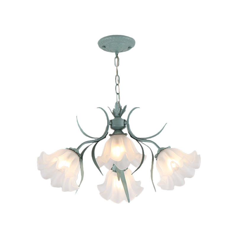 Green Pink 4 6 9 Head Chandelier Lamp Korean Flower Frosted Glass Ruffle Hanging Pendant Light for Dinning Room - Rebooters