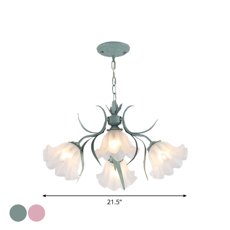 Green Pink 4 6 9 Head Chandelier Lamp Korean Flower Frosted Glass Ruffle Hanging Pendant Light for Dinning Room - Rebooters