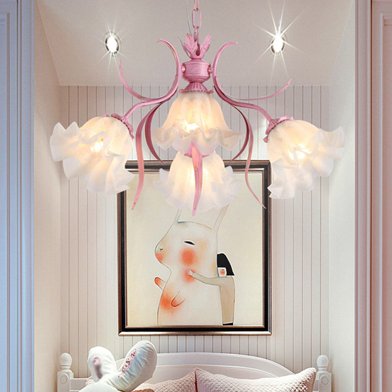 Green Pink 4 6 9 Head Chandelier Lamp Korean Flower Frosted Glass Ruffle Hanging Pendant Light for Dinning Room - Rebooters