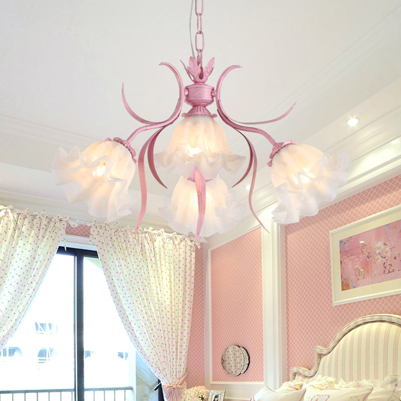 Green Pink 4 6 9 Head Chandelier Lamp Korean Flower Frosted Glass Ruffle Hanging Pendant Light for Dinning Room - Rebooters
