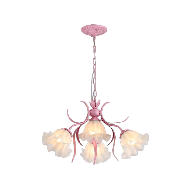 Green Pink 4 6 9 Head Chandelier Lamp Korean Flower Frosted Glass Ruffle Hanging Pendant Light for Dinning Room - Rebooters