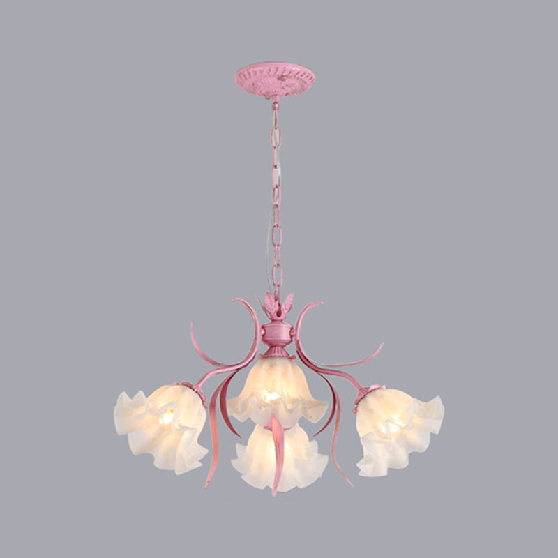 Green Pink 4 6 9 Head Chandelier Lamp Korean Flower Frosted Glass Ruffle Hanging Pendant Light for Dinning Room - Rebooters