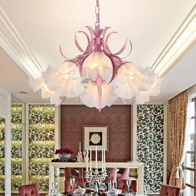Green Pink 4 6 9 Head Chandelier Lamp Korean Flower Frosted Glass Ruffle Hanging Pendant Light for Dinning Room - Rebooters