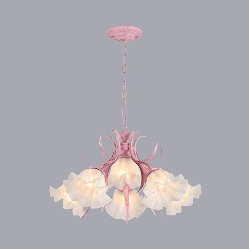 Green Pink 4 6 9 Head Chandelier Lamp Korean Flower Frosted Glass Ruffle Hanging Pendant Light for Dinning Room - Rebooters
