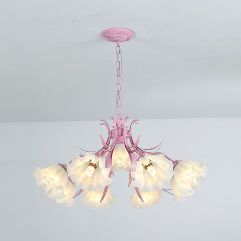 Green Pink 4 6 9 Head Chandelier Lamp Korean Flower Frosted Glass Ruffle Hanging Pendant Light for Dinning Room - Rebooters