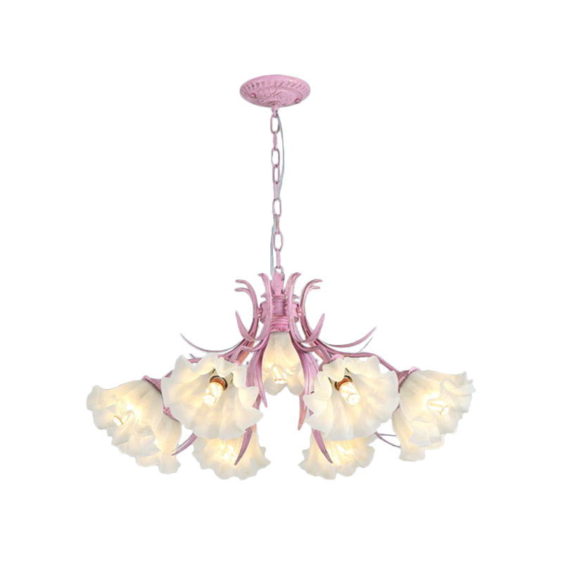 Green Pink 4 6 9 Head Chandelier Lamp Korean Flower Frosted Glass Ruffle Hanging Pendant Light for Dinning Room - Rebooters