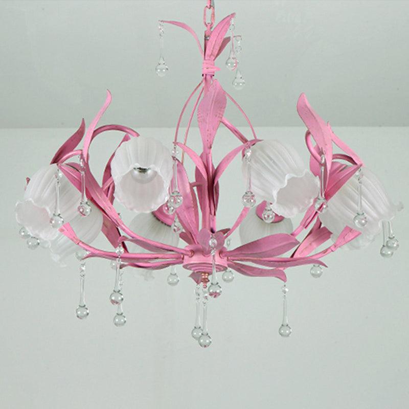 6/8-Light Flower Ceiling Chandelier Korean Garden Green Pink Frosted Glass Light - Rebooters