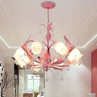 6/8-Light Flower Ceiling Chandelier Korean Garden Green Pink Frosted Glass Light - Rebooters