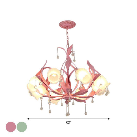 6/8-Light Flower Ceiling Chandelier Korean Garden Green Pink Frosted Glass Light - Rebooters