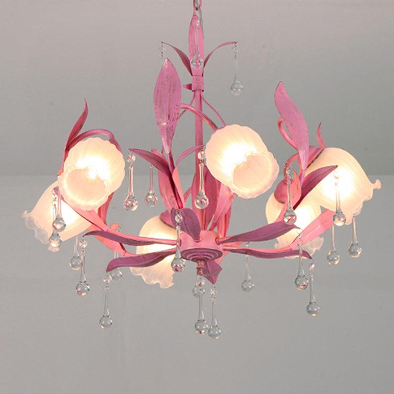 6/8-Light Flower Ceiling Chandelier Korean Garden Green Pink Frosted Glass Light - Rebooters