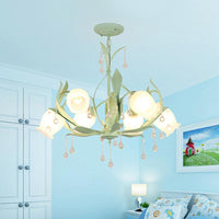 6/8-Light Flower Ceiling Chandelier Korean Garden Green Pink Frosted Glass Light - Rebooters
