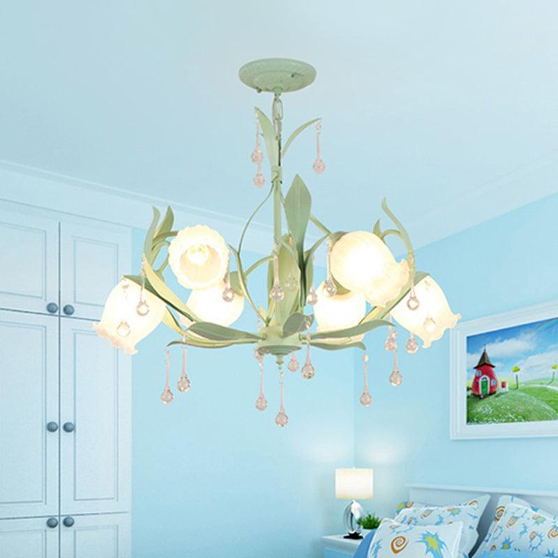 6/8-Light Flower Ceiling Chandelier Korean Garden Green Pink Frosted Glass Light - Rebooters