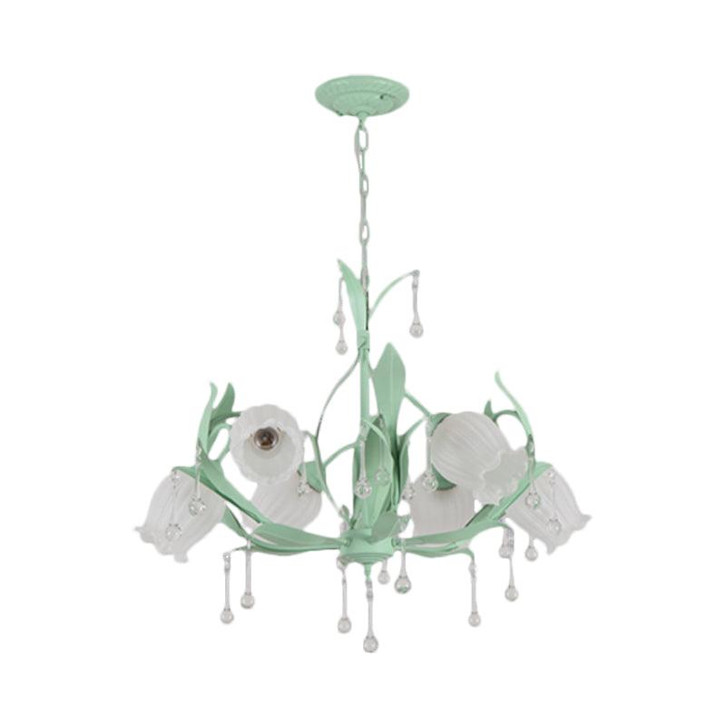 6/8-Light Flower Ceiling Chandelier Korean Garden Green Pink Frosted Glass Light - Rebooters
