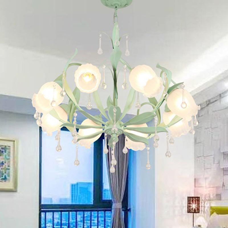 6/8-Light Flower Ceiling Chandelier Korean Garden Green Pink Frosted Glass Light - Rebooters