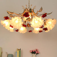 4/6/9-Bulb Frosted Glass Chandelier Pendant Light Korean Garden Beige Floral Childrens Room Lamp - Rebooters