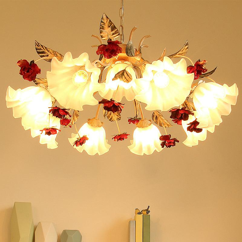 4/6/9-Bulb Frosted Glass Chandelier Pendant Light Korean Garden Beige Floral Childrens Room Lamp - Rebooters
