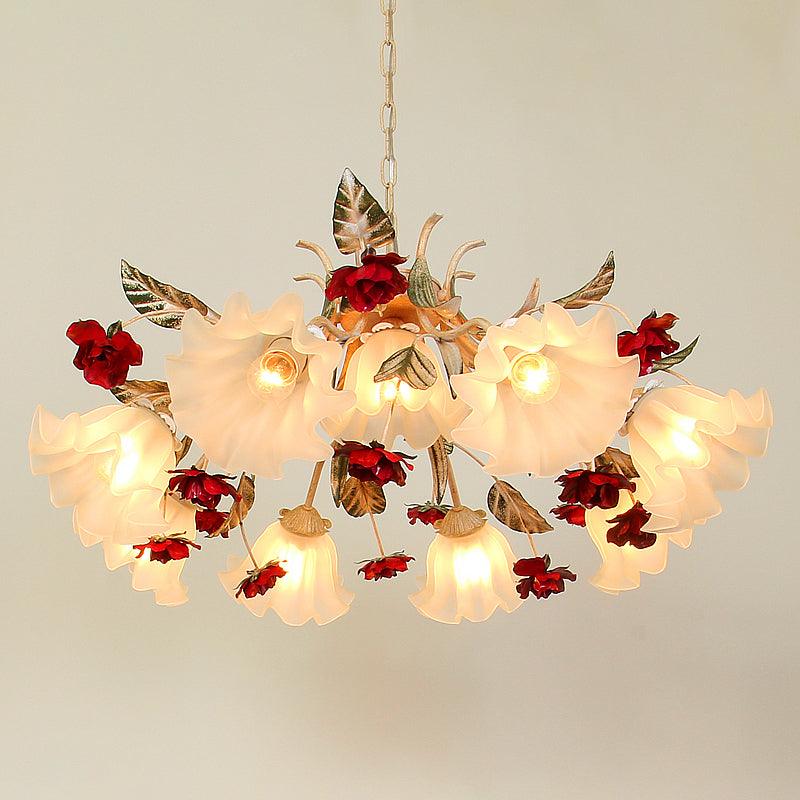 4/6/9-Bulb Frosted Glass Chandelier Pendant Light Korean Garden Beige Floral Childrens Room Lamp - Rebooters