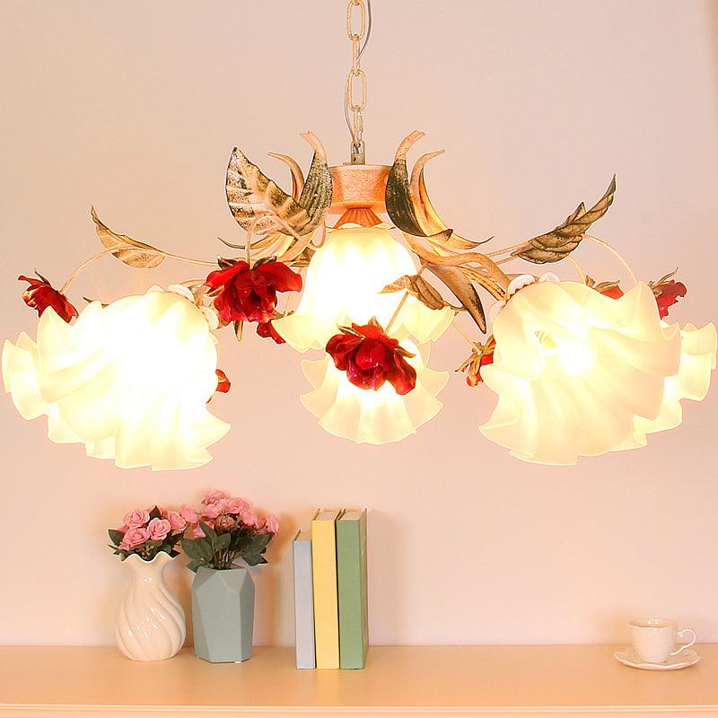 4/6/9-Bulb Frosted Glass Chandelier Pendant Light Korean Garden Beige Floral Childrens Room Lamp - Rebooters