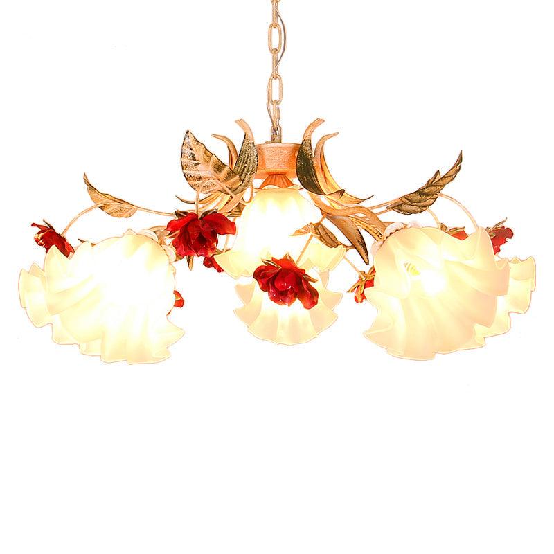 4/6/9-Bulb Frosted Glass Chandelier Pendant Light Korean Garden Beige Floral Childrens Room Lamp - Rebooters