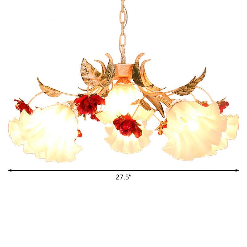 4/6/9-Bulb Frosted Glass Chandelier Pendant Light Korean Garden Beige Floral Childrens Room Lamp - Rebooters