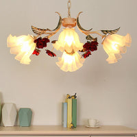 4/6/9-Bulb Frosted Glass Chandelier Pendant Light Korean Garden Beige Floral Childrens Room Lamp - Rebooters