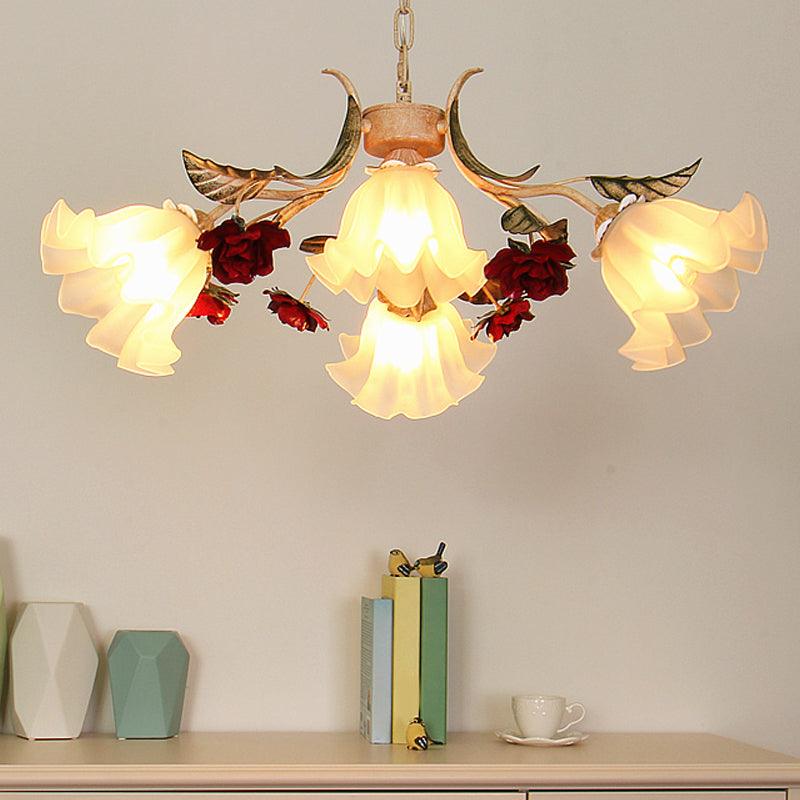 4/6/9-Bulb Frosted Glass Chandelier Pendant Light Korean Garden Beige Floral Childrens Room Lamp - Rebooters
