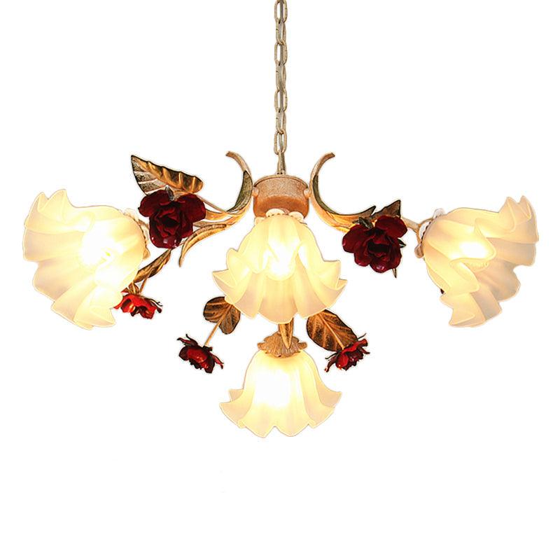 4/6/9-Bulb Frosted Glass Chandelier Pendant Light Korean Garden Beige Floral Childrens Room Lamp - Rebooters