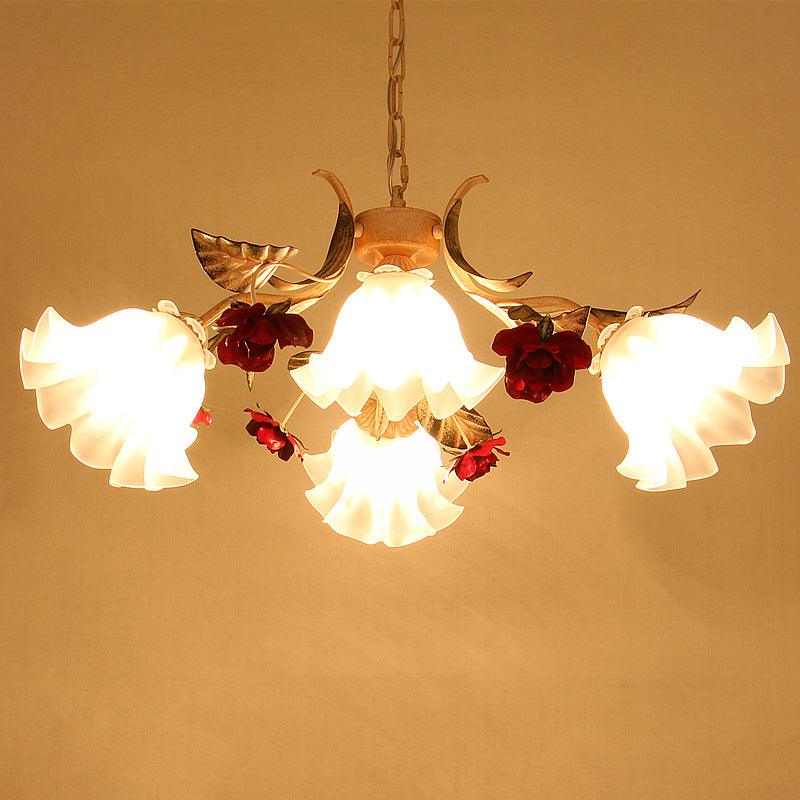 4/6/9-Bulb Frosted Glass Chandelier Pendant Light Korean Garden Beige Floral Childrens Room Lamp - Rebooters