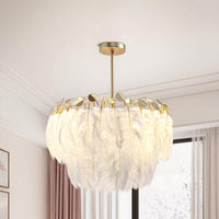 2-Tier Feather Chandelier Lamp Modern 3-Head Gold Lighting - Rebooters