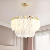 2-Tier Feather Chandelier Lamp Modern 3-Head Gold Lighting - Rebooters