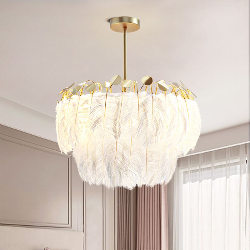 2-Tier Feather Chandelier Lamp Modern 3-Head Gold Lighting - Rebooters