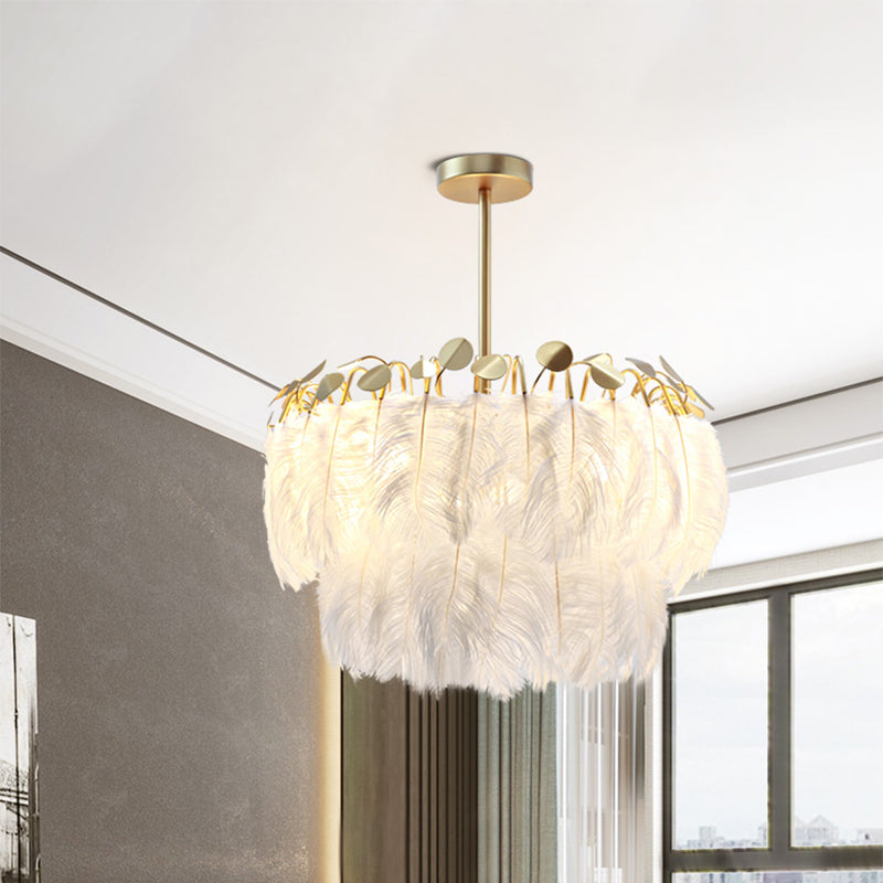 2-Tier Feather Chandelier Lamp Modern 3-Head Gold Lighting - Rebooters