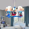 Kid Bedroom Ship Pendant Light Fixture Fabric 5 Lights Cartoon Blue Chandelier - Rebooters