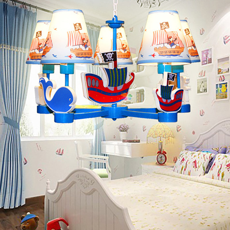 Kid Bedroom Ship Pendant Light Fixture Fabric 5 Lights Cartoon Blue Chandelier - Rebooters