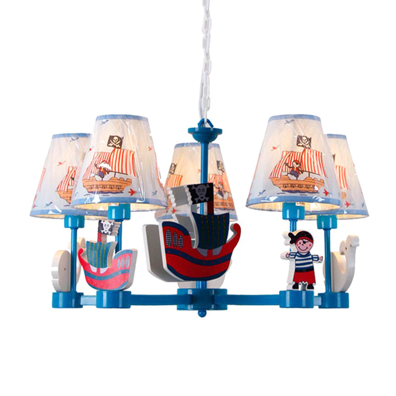 Kid Bedroom Ship Pendant Light Fixture Fabric 5 Lights Cartoon Blue Chandelier - Rebooters