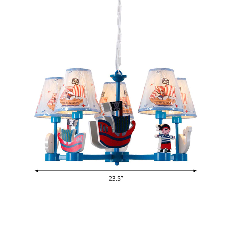 Kid Bedroom Ship Pendant Light Fixture Fabric 5 Lights Cartoon Blue Chandelier - Rebooters