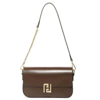 Brown leather shoulder bag with gold chain strap and geometric gold clasp