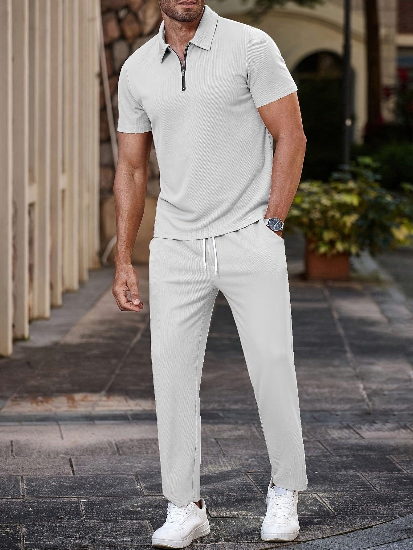 Solid Casual Lapel Half Zip Shirt Men Set for Outdoor Comfort Rebooters mens 2 piece set