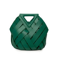 Green woven handbag with geometric triangular handle on white background