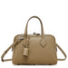 Taupe leather satchel handbag with top handles, detachable strap, and silver hardware