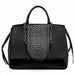 Black leather handbag with snakeskin texture, metal chain strap, and structured design