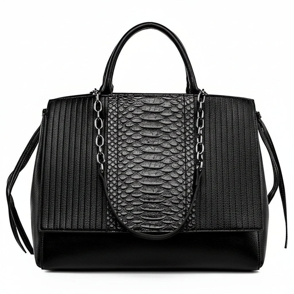Black leather handbag with snakeskin texture, metal chain strap, and structured design