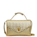 Gold woven leather handbag with top handle and envelope flap, luxury designer purse
