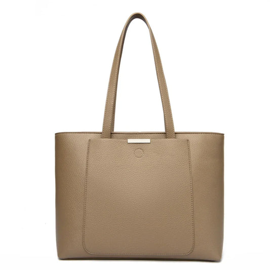 Taupe leather tote bag with front pocket and double handles on white background
