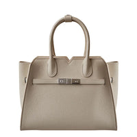Taupe leather handbag with double handles and silver clasp, luxury fashion purse