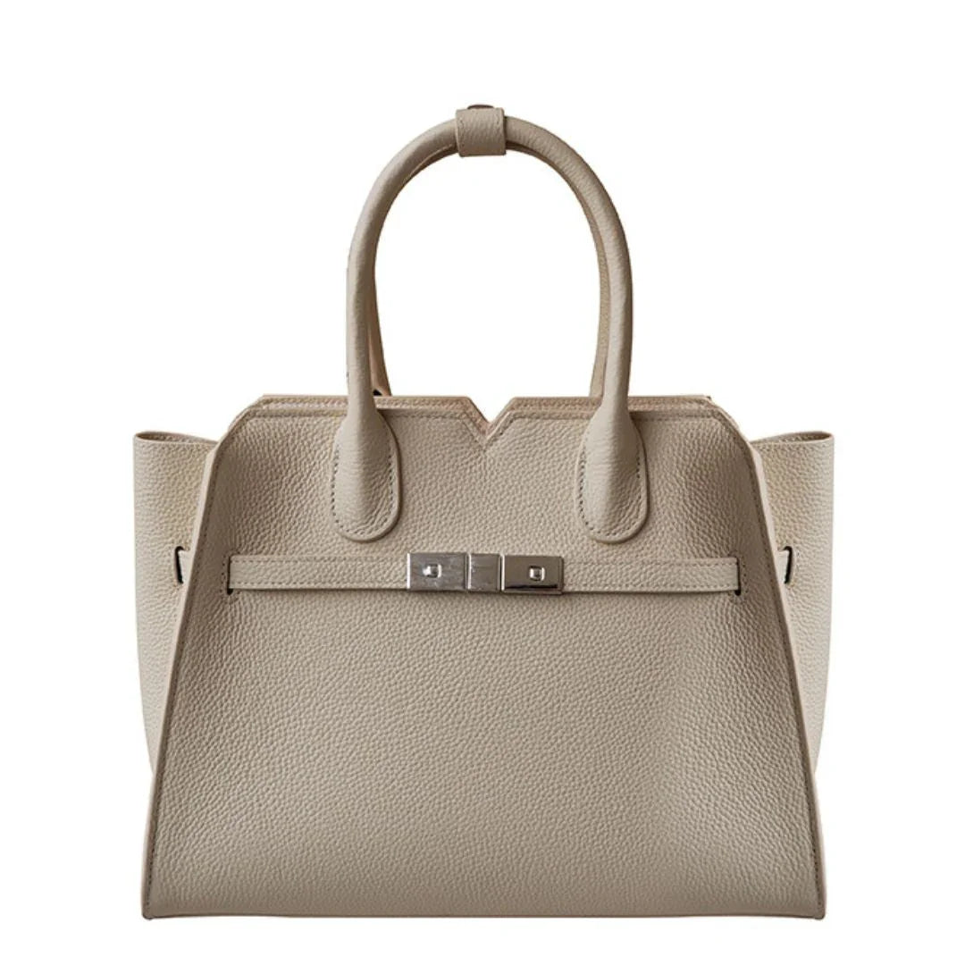 Taupe leather handbag with double handles and silver clasp, luxury fashion purse