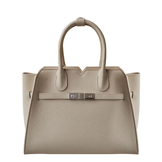 Taupe leather handbag with double handles and silver clasp, luxury fashion purse