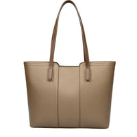 Taupe leather tote bag with double shoulder straps on white background