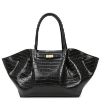 Black crocodile-embossed leather tote bag with gold clasp and wide side panels