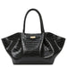 Black crocodile-embossed leather tote bag with gold clasp and wide side panels